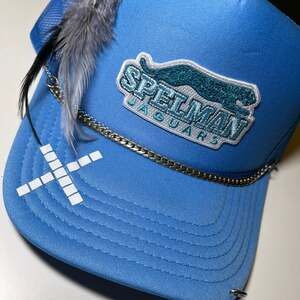 Custom Spelman Jaguars Blue Trucker Snapback Hat with Feather and Chain Detail